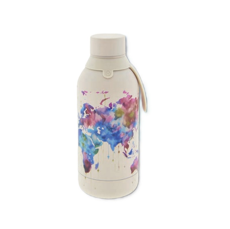 Borraccia termica beige decorata con mappamondo in acciaio inox doppia parete da 500 ml